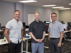 VIvvo founding partners Rory Cain, from left, Jamie Jamieson and Craig Fiske inside their office in Regina. VIvvo is a Regina-based tech company that specializes in making software for citizens to use when accessing government services, including health services.