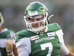 Roughriders quarterback Cody Fajardo celebrates a rushing touchdown against the B.C. Lions.