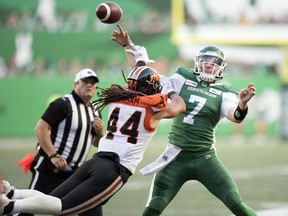 Riders quarterback Cody Fajardo (7) will be under pressure to win his first road game against the B.C. Lions on Saturday