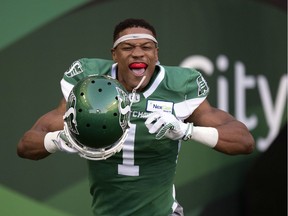 Saskatchewan Roughriders wide receiver Shaq Evans celebrates a 50-yard touchdown during Saturday's 38-25 victory over the B.C. Lions at Mosaic Stadium.