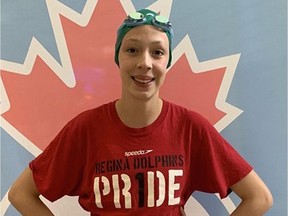 Emma Spence of the Regina Optimist Dolphins Swim Club won a gold medal at the Canadian junior championships in Calgary.