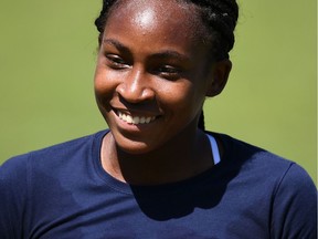 US player Cori Gauff takes part in a session on the practice courts at The All England Tennis Club in Wimbledon, southwest London, on July 4, 2019, on the fourth day of the 2019 Wimbledon Championships tennis tournament. - Coco Gauff, the 15-year-old schoolgirl who stunned five-time champion Venus Williams in the first round, continued her Wimbledon dream debut on Wednesday when she eased into the last 32 and claimed: "I can beat anyone." Next up for Gauff is a last 32 clash against world number 60 Polona Hercog of Slovenia on July 5.