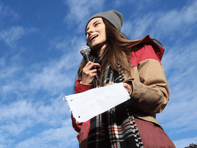 Lindsay Shepherd speaks at a free speech rally in Waterloo, Ont., in November 2017.