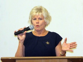 Cheryl Gallant, MP for Renfrew-Nipissing-Pembroke, seen at a public meeting, recently implied smoking weed releases carbon dioxide emissions.
