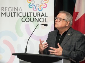 Canada's Minister of Public Safety Ralph Goodale speaks to media and guests at the Regina Multicultural Council on Broad Street.