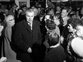 On election night April 1, 1958, Prime Minister John G. Diefenbaker arrives at the Progressive Conservatives Party headquarters in Saskatoon. Sask. Archives Board, The StarPhoenix Collection. S-SP-B3462.