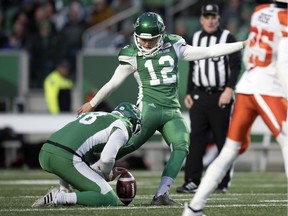 Brett Lauther (12) is busy dealing with CFLPA issues instead of kicking field goals for the Saskatchewan Roughriders.