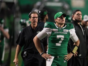 Saskatchewan Roughriders quarterback Cody Fajardo stands on the sideline after throwing an interception during a 37-10 loss to the visiting Calgary Stampeders on July 6. The Roughriders have won all four of their games since then.
