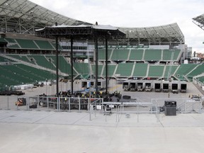 Crews were busy on Aug. 6, 2019, building the stage for the Garth Brooks concerts at Mosaic Stadium.
