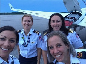 Crystal Lybeck (far left) Tammie Kulyk, Carly St Onge (back beside Kulyk) and Jen Rondeay pose for a photo outside of a Saskatchewan Air Ambulance flight in Buffalo Narrows, SK on August 3. The crew were part of the first all-female Saskatchewan Air Ambulance flight. Photo courtesy Crystal Lybeck