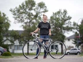 Zoey Bourgeois spent 14 hours, 11 of those on her bike, biking from Saskatoon to Regina to raise awareness for Prairie Dog magazine and all local, independent journalism. Bourgeois named her road bike — seen with her here — Loretta.