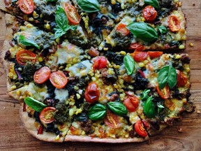 Chorizo, Corn and Swiss Chard Pizza