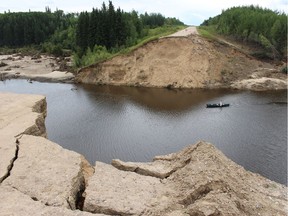 A section of Highway 903 collapsed in early August 2019. As a result, residents of Jan's Bay, Canoe Narrows and Cole Bay have to take lengthy detours to get to Meadow Lake for groceries and medical appointments. Photo by Shawna Gardiner.