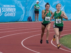 Kaila Neigum of White City, left, and Kaitlyn Harrison of Craven were among Saskatchewan's medallists at the 2019 Western Canada Summer Games in Swift Current. Harrison is shown in the female 1,500 metres, in which she finished third. Neigum, who was fourth in that race, won a 3,000m gold medal in athletics on Sunday. Harrison was second in the 3,000m.