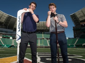 Regina Pats goaltender Max Paddock, left, and Regina-born Calgary Hitmen forward Carson Focht are looking forward to the WHL Prairie Classic outdoor game, to be played Oct. 26 at Mosaic Stadium.