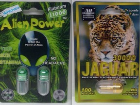 Health Canada is advising Canadians that some products, seized from Saskatoon store For Lovers Only, may pose serious health risks. These include male sexual performance enhancement drugs Alien Power Platinum 11000 and Jaguar 3000. (CNW Group/Health Canada)