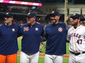 From left to right, Aaron Sanchez, Will Harris, Joe Biagini and Chris Devenski of the Astros combined for a no hitter against the Mariners at Minute Maid Park in Houston on Saturday, Aug. 3, 2019.