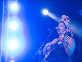 Sofia Viola of Argentina performs on the main stage at the Regina Folk Festival held in Victoria Park.