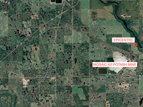 Location of a 4.1 magnitude earthquake, which struck approximately 17 kilometres east of Esterhazy Thursday evening.