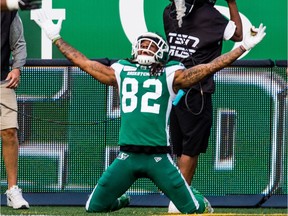 Saskatchewan Roughriders receiver Naaman Roosevelt celebrates a touchdown — his first since Sept. 15 — during Saturday's 40-18 victory over the visiting Ottawa Redblacks.