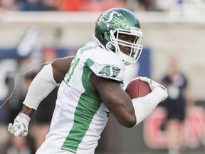 Riders defensive end Earl Okine scored on 55-yard fumble return for a touchdown before Friday's game with the Alouettes was called due to lightning in the area.