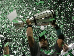 Kerry Joseph, shown celebrating the Saskatchewan Roughriders' Grey Cup victory in 2007, has some advice for newly signed quarterback Vince Young.