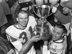 Hugh Campbell and Ron Lancaster after the 1966 Grey Cup. Vancouver Sun photo (Brian Kent). [PNG Merlin Archive]