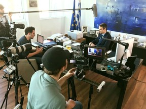 Filmmaker Pan Yannitsos interviews Kyriakos Mitsotakis, now the prime minister of Greece, for his documentary Freedom Besieged, which screens during the Regina International Film Festival and Awards.