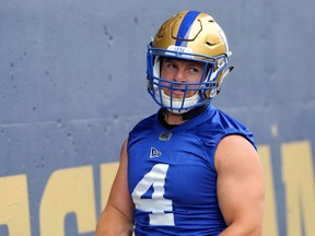 Linebacker Adam Bighill is pictured during Winnipeg Blue Bombers practice at IG Field on Mon., Aug. 12, 2019.