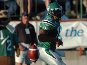 Nealon Greene of the Saskatchewan Roughriders is shown July 29, 2005 against the visiting Ottawa Renegades, who won 21-16 at Taylor Field. Despite finishing the 2005 season with a 7-11 record, the Renegades were 2-0 against Saskatchewan — only to fold a few months later.