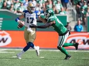 The Riders are hoping to increase the pressure on Blue Bombers' quarterback Chris Streveler (17) in Saturday's Banjo Bowl