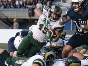 Sam Varao scores one of his three rushing touchdowns for the University of Regina Rams in Saturday's 46-16 victory over the host UBC Thunderbirds.