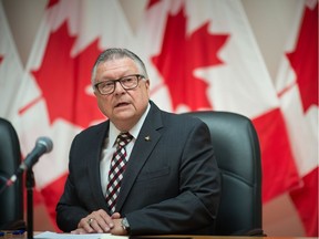 Canada's Minister of Public Safety Ralph Goodale speaks to media regarding government action against human trafficking at his office on 11th Avenue in Regi