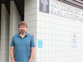 David Petersen, 53, has been found not guilty on charges of threatening to shoot Prime Minister Justin Trudeau and threatening to blow up Parliament. He is pictured outside Nipawin provincial court on Sept. 5, 2019. Photo by Susan McNeil.