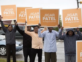 Supporters for NDP candidate Jigar Patel, who is carrying the party banner in place of Erin Weir. The incumbent MP was blocked from running for the New Democrats following harassment allegations.