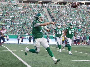 REGINA, SASK : September 14, 2019  -- Saskatchewan Roughriders quarterback Cody Fajardo passes the ball during a game against the Montreal Alouettes at Mosaic Stadium. BRANDON HARDER/ Regina Leader-Post