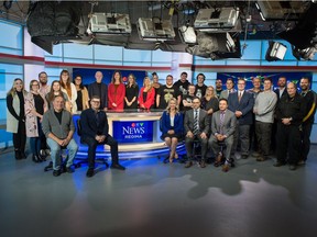 CTV Regina employees gather for a photo in Studio 54, which opened when the station — then known as CKCK Television — first went on the air in 1954.