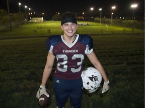 Regina Thunder receiver Ethan Douglas is shown on the Mount Pleasant hill — where he can often be found after practice, doing additional workouts.