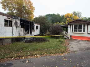 A house trailer damaged by fire in the Glen Elm trailer court.