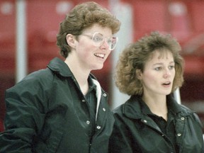 Curler Joan Stricker, left, with Michelle Englot at the 1989 Saskatchewan women's curling championship in Regina. The Englot team went on to win its second consecutive provincial title.