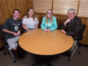 From left, Aidan Mann, Erin Alexander, Hallee Mandryk and Murray Mandryk sit in the podcasting room at the Leader-Post office on Park Street.