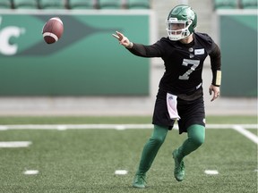 REGINA, SASK :  September 24, 2019  --   Saskatchewan Roughriders QB Cody Fajardo runs the offence during practice at Mosaic Stadium in Regina. TROY FLEECE / Regina Leader-Post