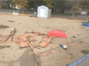 The playground at the YMCA childcare centre at Marion Mcveety Elementary School in Regina was vandalized over the weekend of Sept. 21 and 22. A number of play structures were destroyed. The YMCA will be looking for donations to help replace structures and make them available to the kids again as soon as possible. Photo supplied by the Regina YMCA.