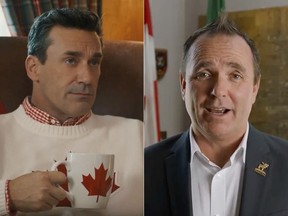 Jon Hamm, left, best known for playing Don Draper in the hit show Mad Men, appeared in a Skip The Dishes commercial where he is denied Canadian citizenship despite buying a "moose jaw" and a "yellow knife". Moose Jaw Mayor Fraser Tolmie responded to the ad in a YouTube video. YOUTUBE SCREENSHOTS