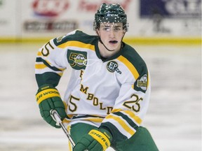 Humboldt Broncos forward Karter Mcnarland looks for a pass during SJHL action against the Yorkton Terriers. Photo taken in Warman, SK on Wednesday, September 25, 2019.