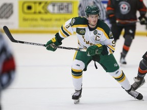 Humboldt Broncos forward Graysen Cameron chases the puck during SJHL action Wednesday, Sept. 25, 2019, against the Yorkton Terriers in Warman, Sask. (PHOTO BY MATT SMITH)