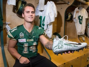 University of Regina Rams' Ryan Schienbein, who is in his graduating season with the team, has "Farewell Tour" written on both his cleats.
