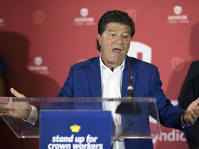 Jerry Dias, national president of Unifor, speaks at the Hotel Saskatchewan to mark the launch of another round of bargaining that could result in strikes for seven Crown sector unions.