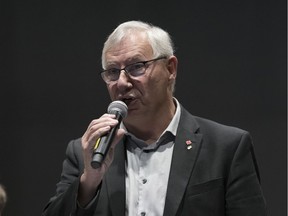 People's Party of Canada candidate Trevor Wowk speaks during an all-candidates debate in the Regina--Lewvan riding that was held at the University of Regina College Avenue Campus in Regina.
