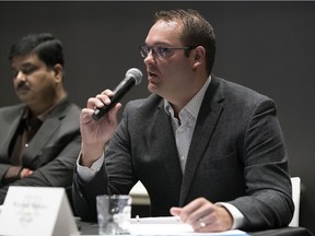 Conservative Warren Steinley speaks during an earlier all-candidates debate that was held at the University of Regina College Avenue Campus in Regina. He was again at an all-candidates debate on Tuesday hosted by the Cathedral Area Community Centre.
